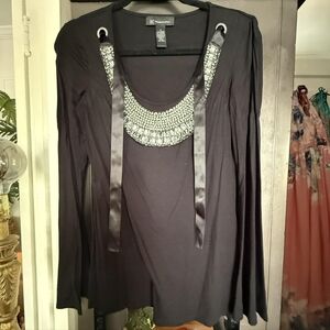 INC International Concepts Black Blouse with Silver Accents